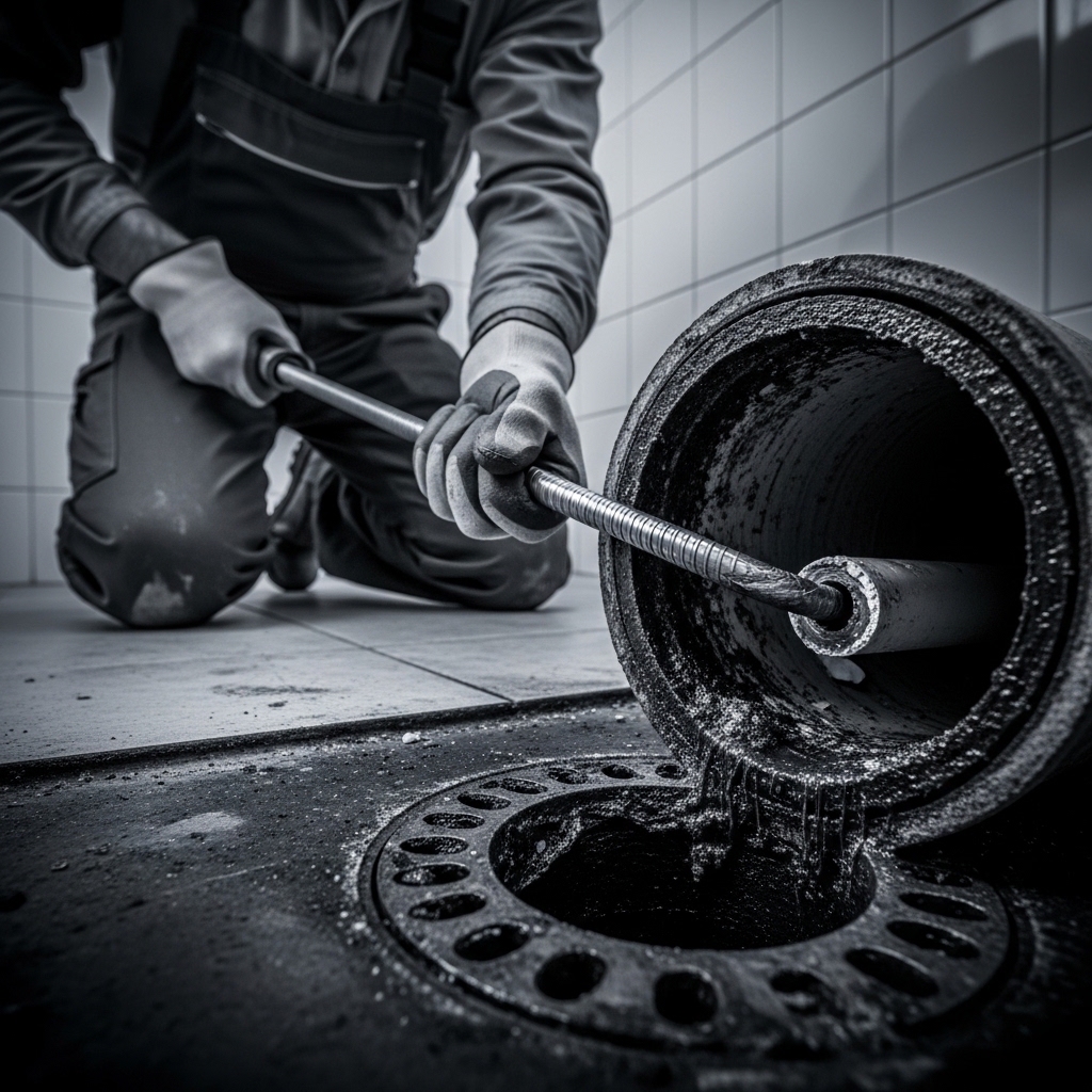 Traditional pipe rodding — dirty blocked drain